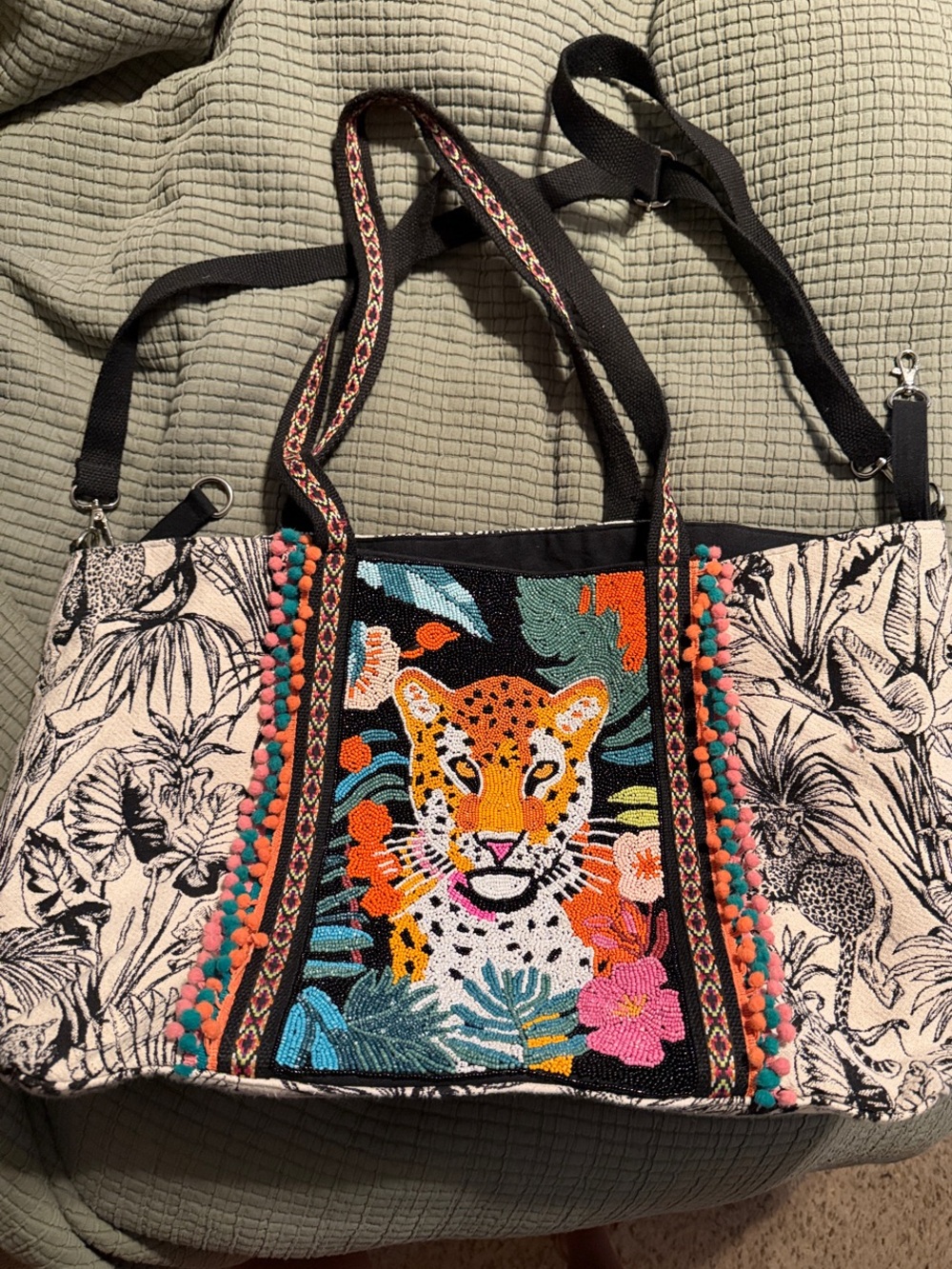 Embroidered Leopard Panel Tote Bag - Black & Multicolor